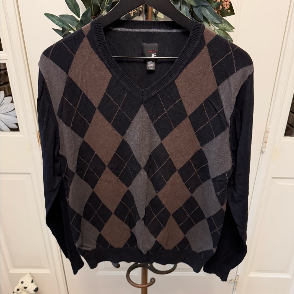 JF J. Ferrar Modern Fit Argyle V Neck Lightweight Knit Pullover Sweater M